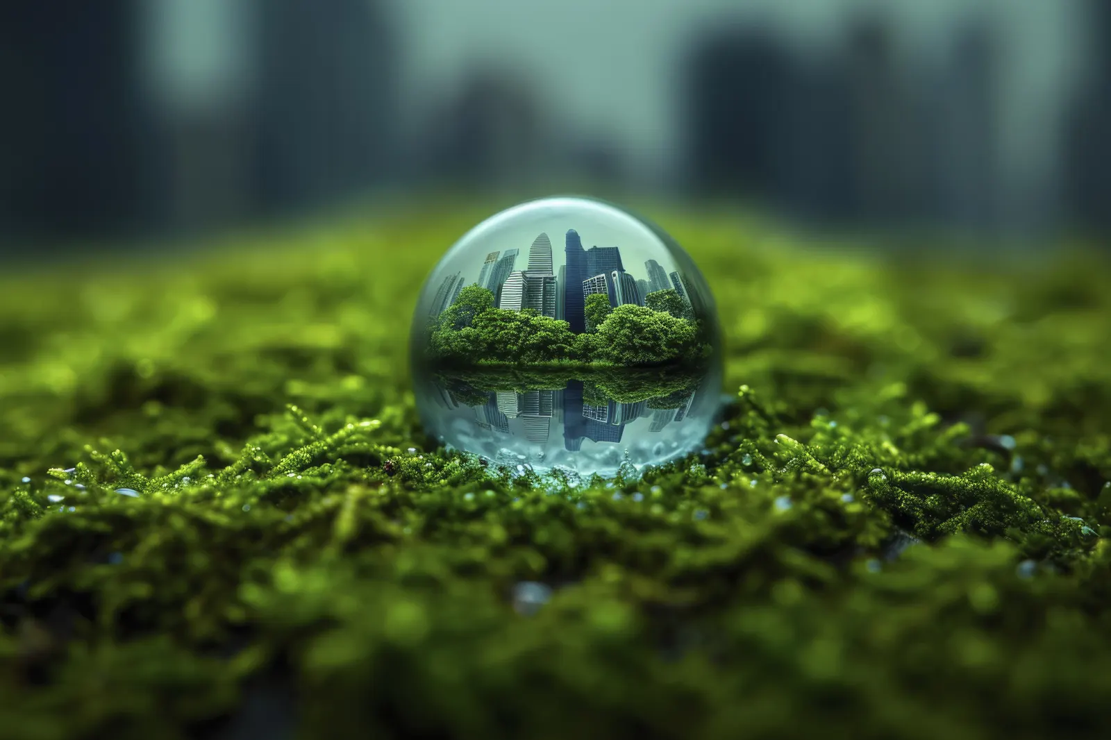 A glass sphere on green moss reflecting city towers and trees